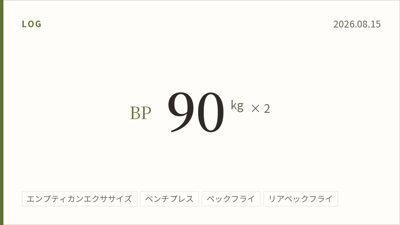 2026年8月15日のトレーニング記録カード。ベンチプレス90キログラム2回。実施種目はエンプティカンエクササイズ、ベンチプレス、ペックフライ、リアペックフライ。