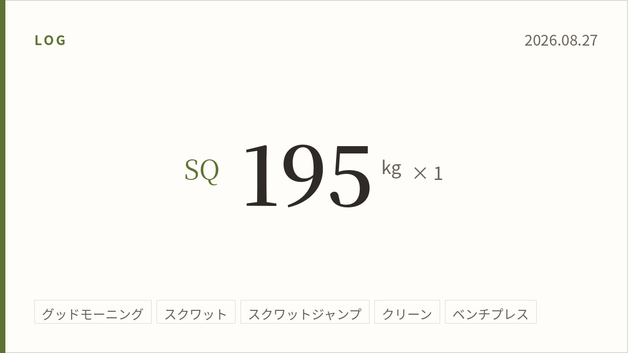 2026年8月27日のトレーニング記録カード。スクワット195キログラム1回。実施種目はグッドモーニング、スクワット、スクワットジャンプ、クリーン、ベンチプレス。