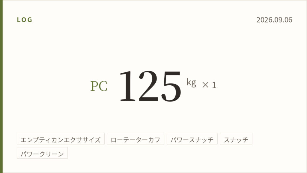 2026年9月6日（後編）のトレーニング記録カード。主記録はパワークリーン125kg×1回。実施種目はエンプティカンエクササイズ、ローテーターカフ、パワースナッチ、スナッチ、パワークリーン。